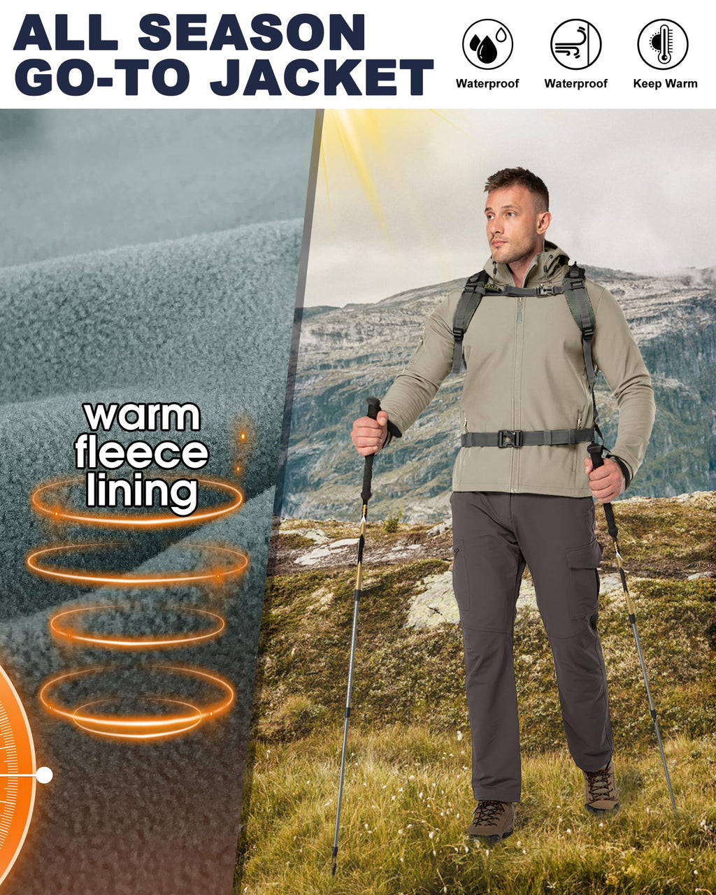 33,000ft Men's Hooded Softshell Jacket Waterproof Lightweight Insulated Windbreaker Fleece Lined Rain Shell Jacket