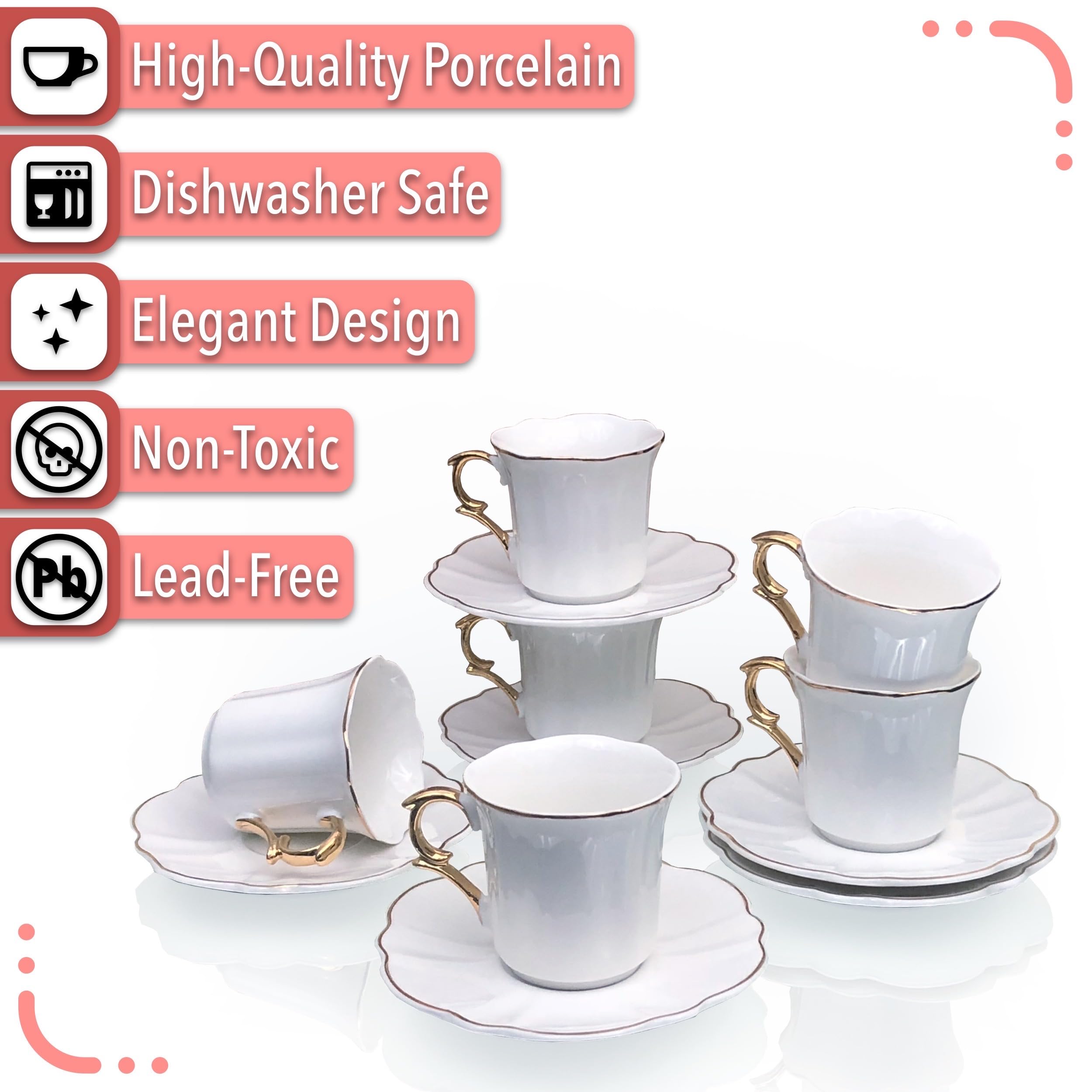 BTaT- Turkish Coffee Cup Set, 3 oz, 6 Set (12 pcs), Elegant White Cups & Saucers with Gold Trim & Gift Box, Small Porcelain Espresso Set for Serving Greek, Arabic & Turkish Coffee, Gift Giving