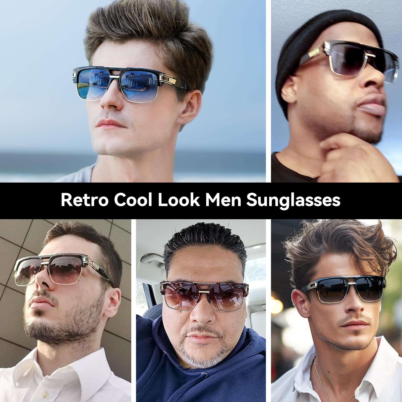 Dollger Square Sunglasses for Men Classic Oversized Sun Glasses Retro Semi Rimless Gold Alloy Frame UV400