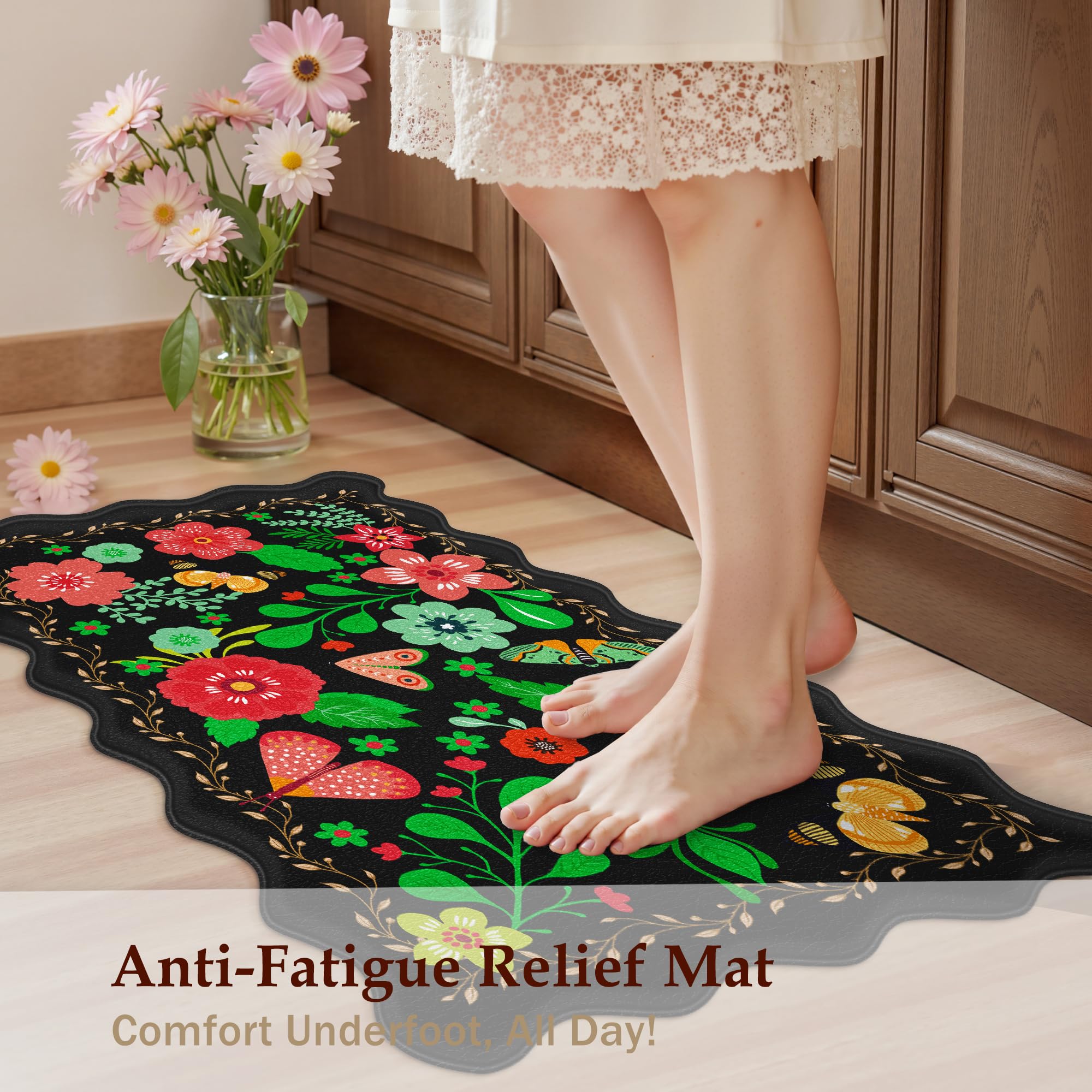 Arenarug Upgrade Scalloped Embossed Kitchen Mats for Floor 2PCS Cushioned Anti Fatigue Waterproof Foam Kitchen Rugs Non Slip Washable Comfort Standing Mat for Office Sink Laundry, Black