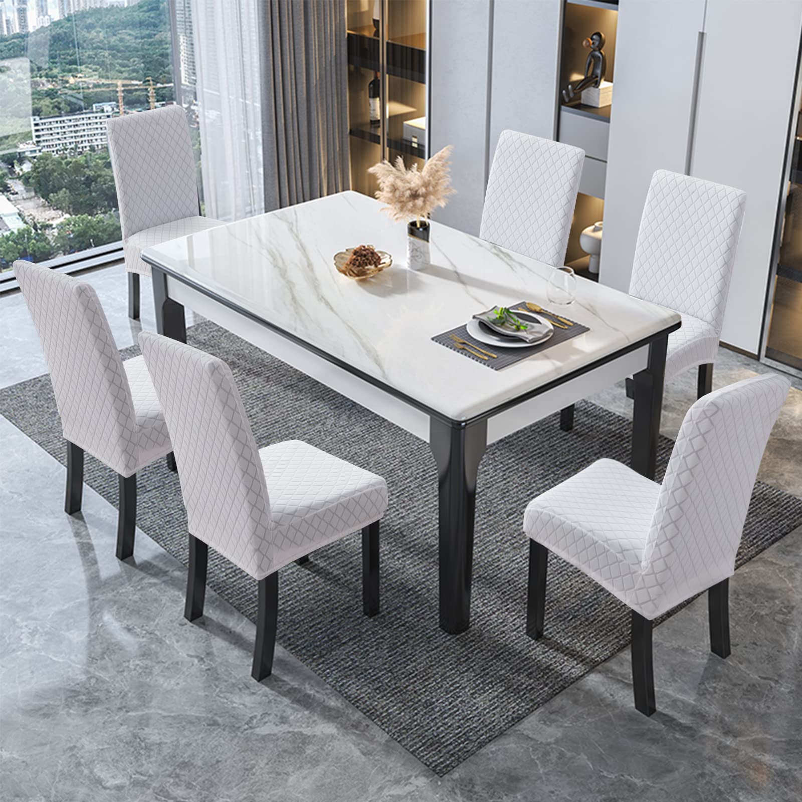 Genina Waterproof Chair Covers for Dining Room 6 Pack, Stretch Jacquard Dining Chair Cover Removable Washable Chair Protectors Cover for Kitchen, Home (Leaves-Warm Gray, 6 PCS)