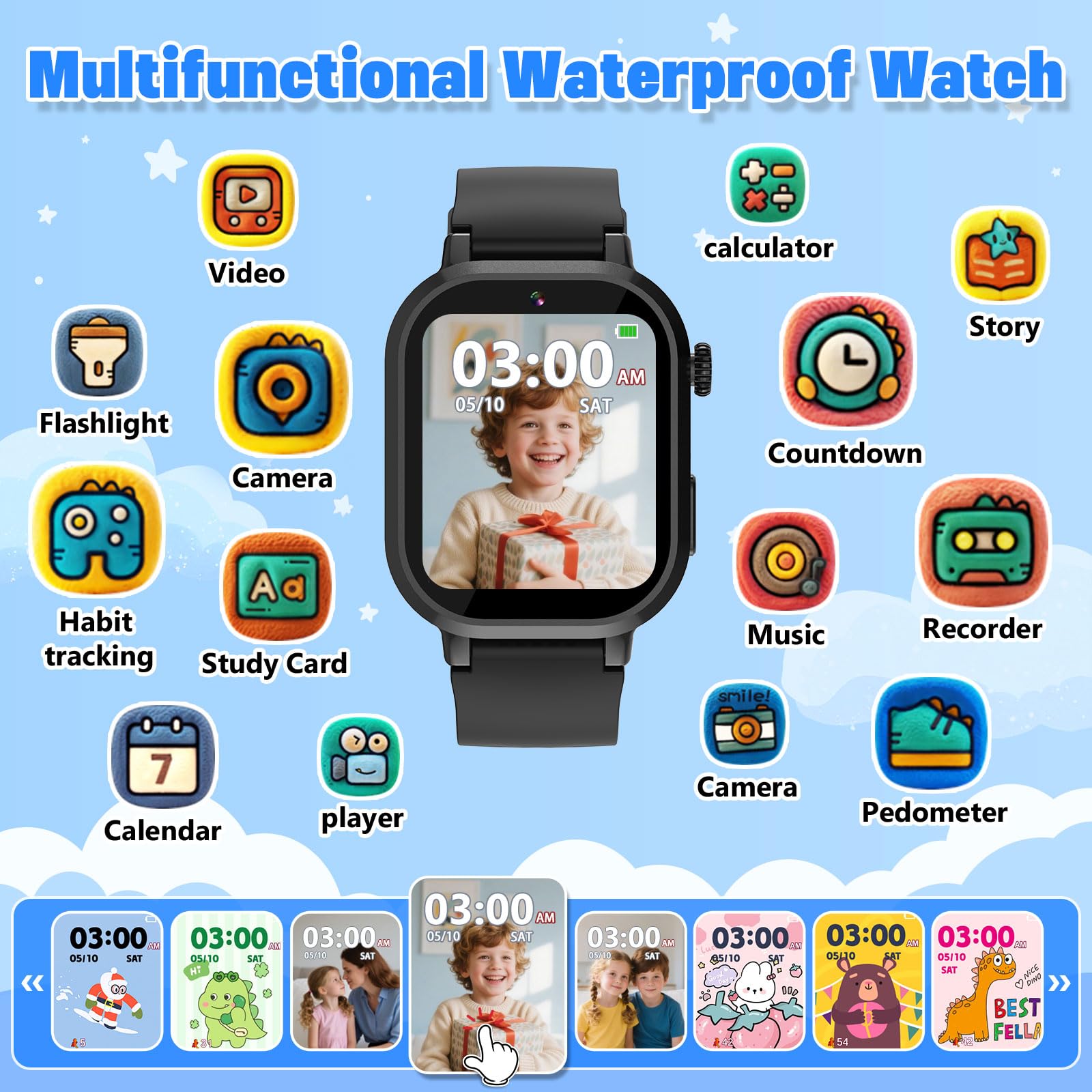 Wiszodet Kids Waterproof Smart Watch Boys Gift Age 3-12 with 39 Game HD Touch Screen Music Player Video Camera Pedometer Alarm Clock Birthday Gift for 6 7 8 9 Year Olds Blue