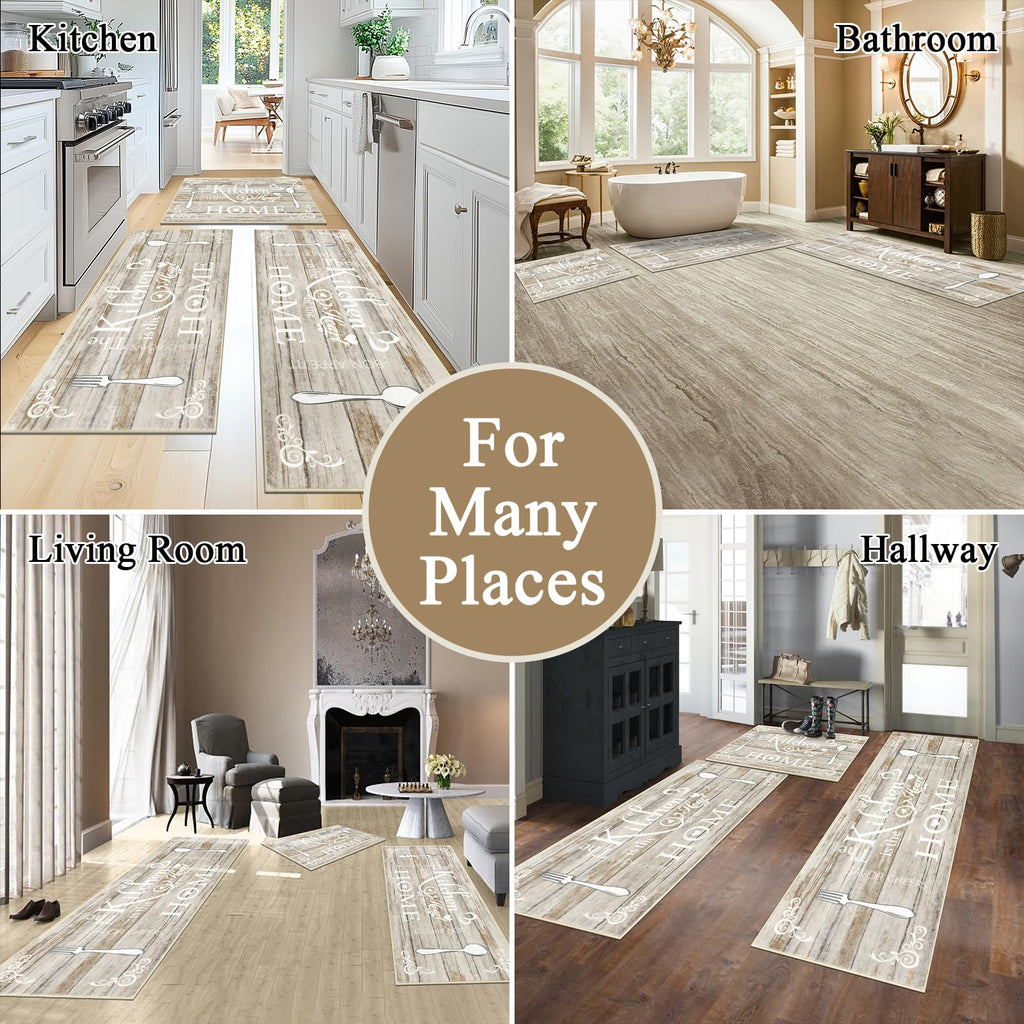 Vaukki Boho Kitchen Rug Sets 3 Pieces, Washable Kitchen Mats for Floor, Non Slip Soft Kitchen Area Rug Floor Mat for Kitchen, Laundry Room and Hallway (Grey and Beige, 20''x32''+20''x47''+20''x59'')