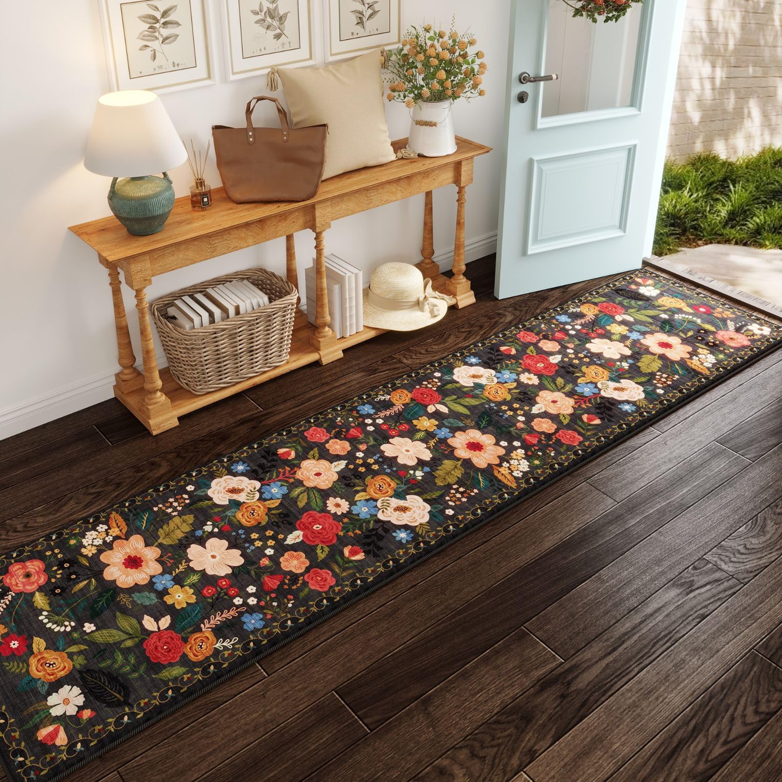 Rugcomf Area Rugs 8x10 Rug for Living Room Clearance Washable Boho Area Rug Non Slip Floral Vintage Low Pile Large Rug for Living Room, Bedroom, Farmhouse, Dining Room, Kids Playroom(Black)