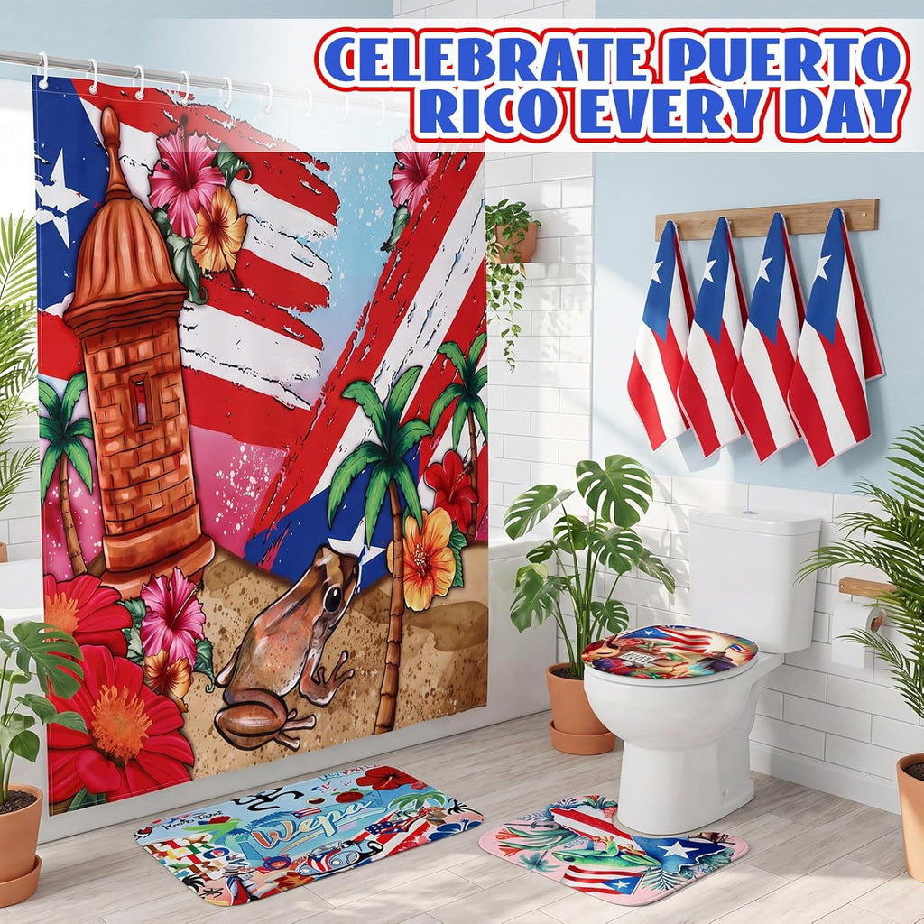 8 Pcs Puerto Rico Bathroom Shower Curtain Set Puerto Rico Bathroom Decor Set Include Shower Curtain Non-Slip Rug Bath Mat Toilet Lid Cover and 4 Towels with 12 Hooks