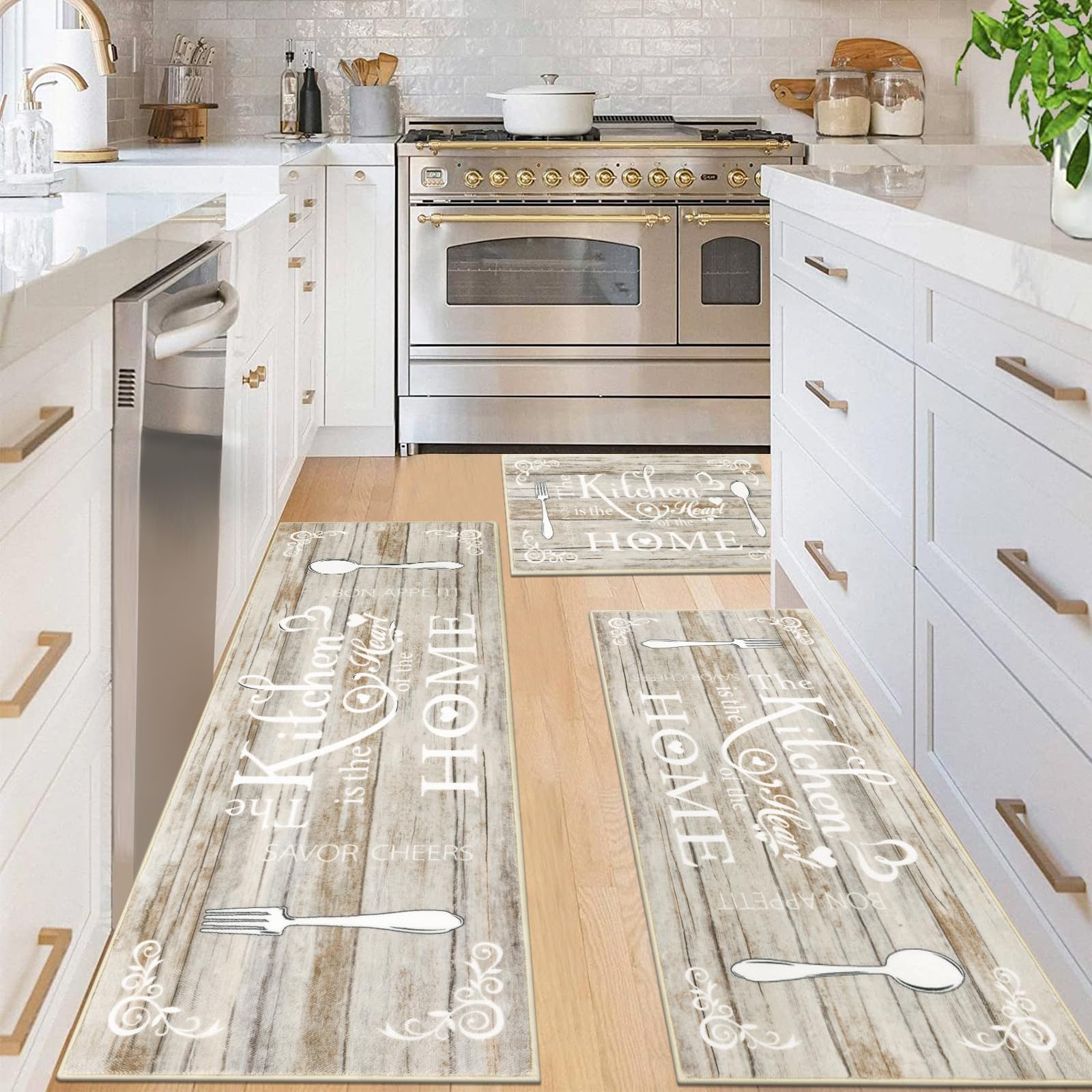 Vaukki Boho Kitchen Rug Sets 3 Pieces, Washable Kitchen Mats for Floor, Non Slip Soft Kitchen Area Rug Floor Mat for Kitchen, Laundry Room and Hallway (Grey and Beige, 20''x32''+20''x47''+20''x59'')