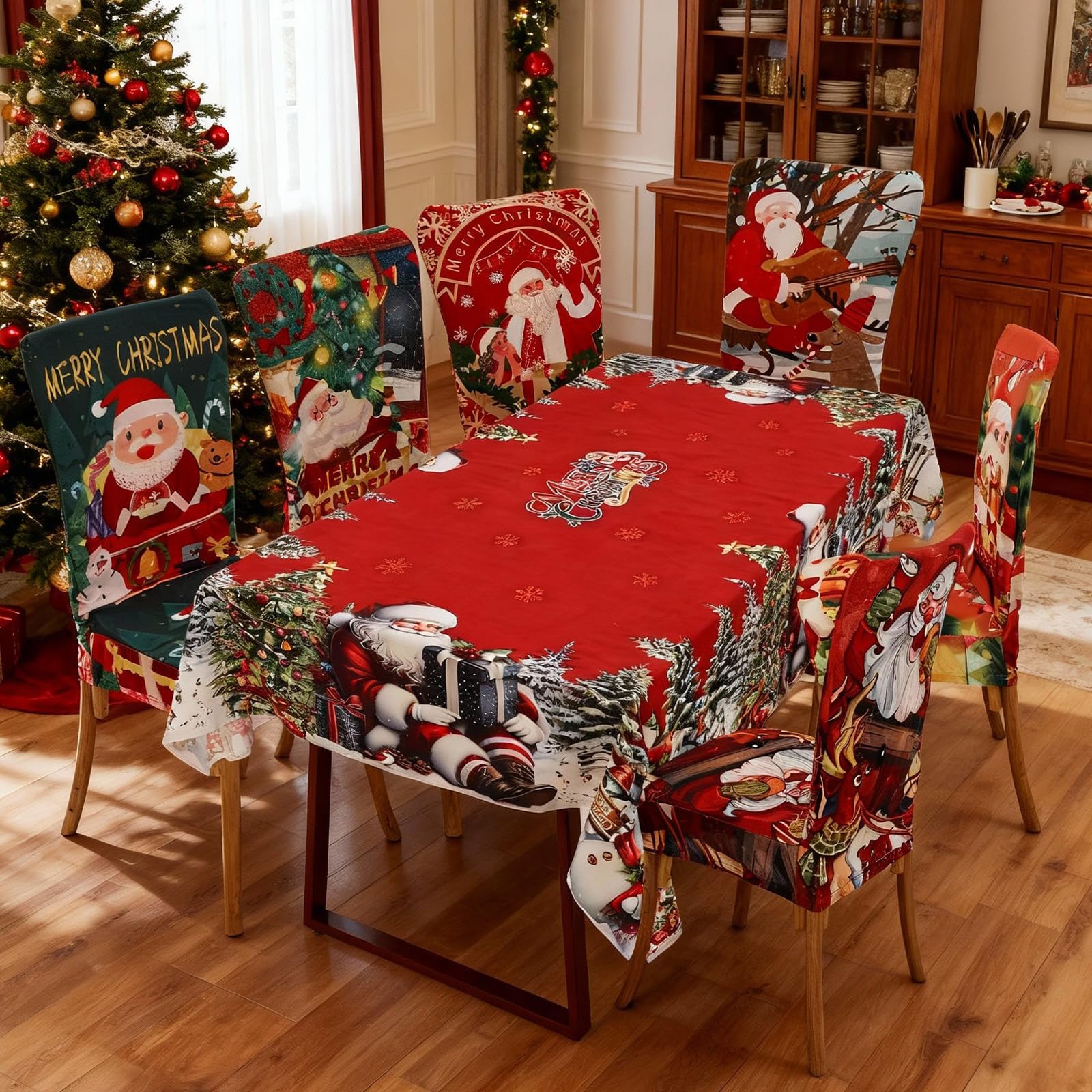 7 Pcs Sunflower Chair Covers and Tablecloth Set 60 x 84 Inch Waterproof Stain Rectangular Table Cover with Stretchable Removable Chair Slipcovers for Dining Room Kitchen Patio Summer Parties