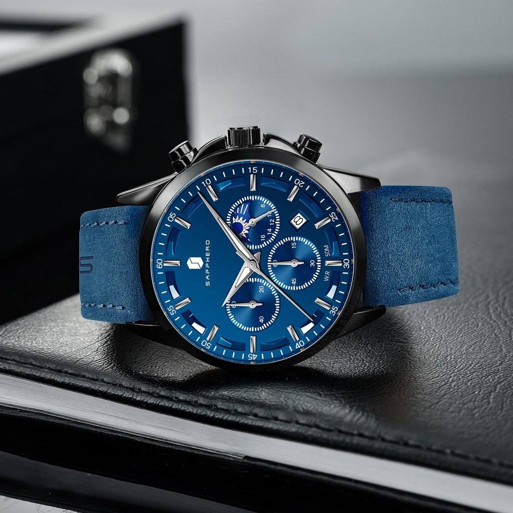 SAPPHERO Chronograph Watches for Men, Original Business Casual Stainless Steel Analog Watch 50M Waterproof Luminous Watches with Date Dial, Mens Gift