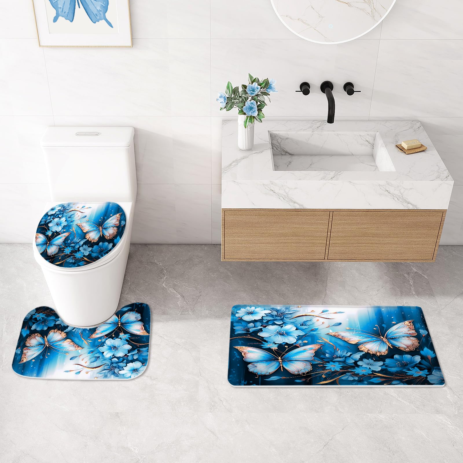 Litabel 4 Pcs Black Floral Butterfly Shower Curtain Set with Non-Slip Rugs, White Gold Modern Toilet Lid Cover and Bath Mat, Elegant Bathroom Decor Set (Hooks Not Included)