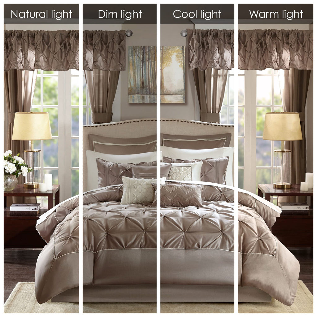 Madison Park Essentials Room in a Bag Faux Silk Comforter Set - Luxe Diamond Tufting All Season Bedding, Matching Curtains, Decorative Pillows, Taupe King(104"x92") 24 Piece