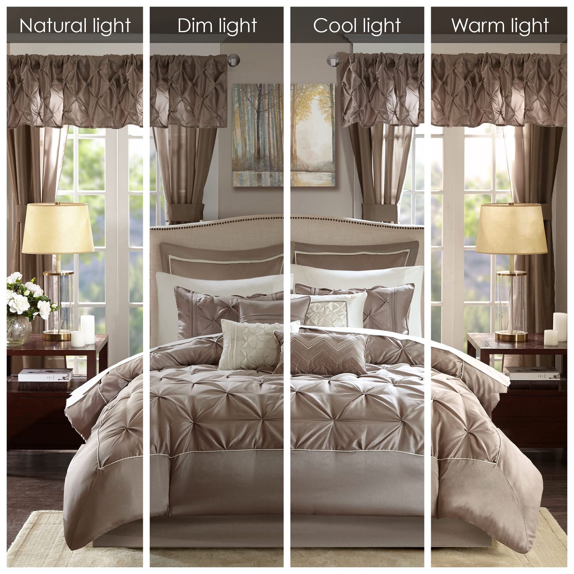 Madison Park Essentials Room in a Bag Faux Silk Comforter Set - Luxe Diamond Tufting All Season Bedding, Matching Curtains, Decorative Pillows, Taupe King(104"x92") 24 Piece