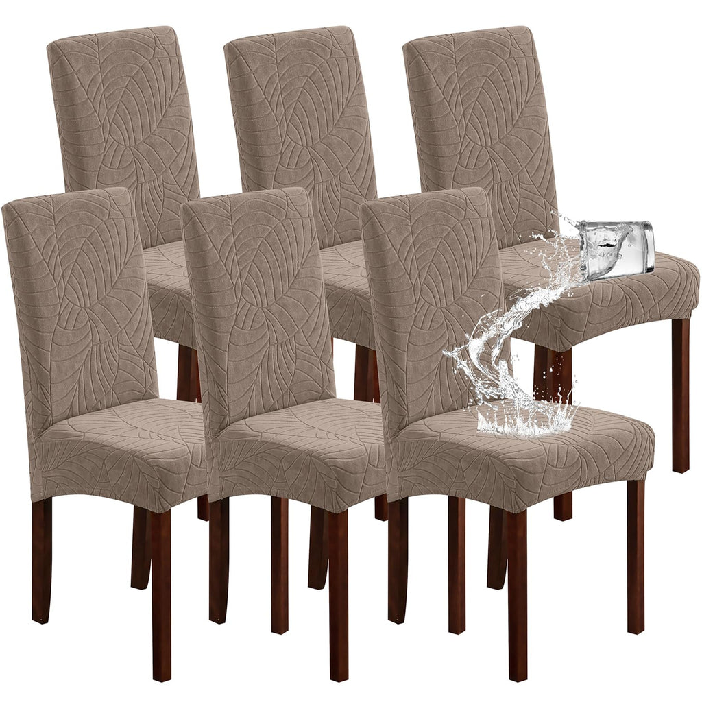 Genina Waterproof Chair Covers for Dining Room 6 Pack, Stretch Jacquard Dining Chair Cover Removable Washable Chair Protectors Cover for Kitchen, Home (Leaves-Warm Gray, 6 PCS)