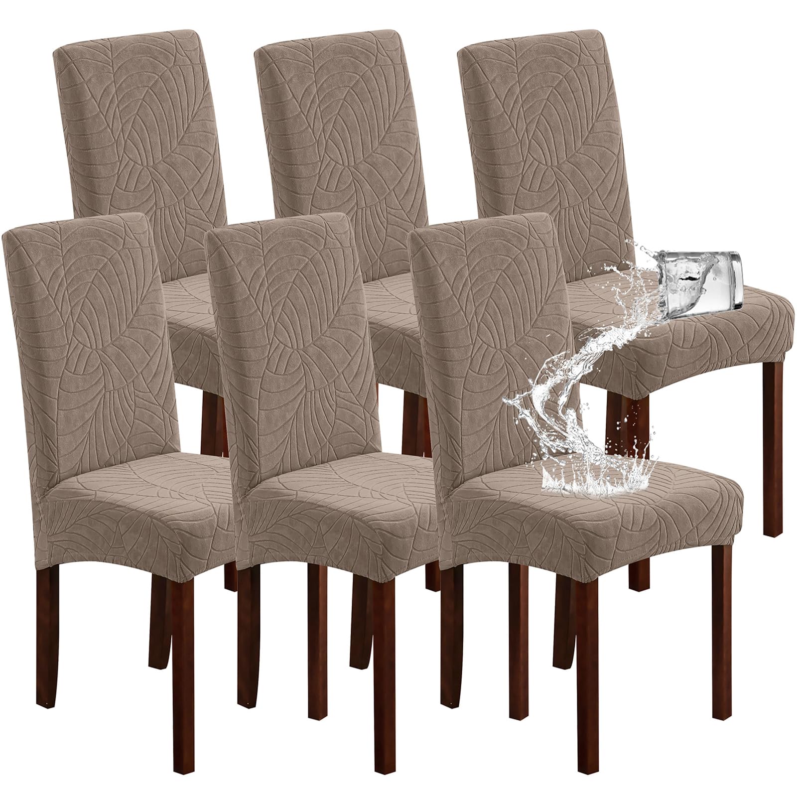 Genina Waterproof Chair Covers for Dining Room 6 Pack, Stretch Jacquard Dining Chair Cover Removable Washable Chair Protectors Cover for Kitchen, Home (Leaves-Warm Gray, 6 PCS)