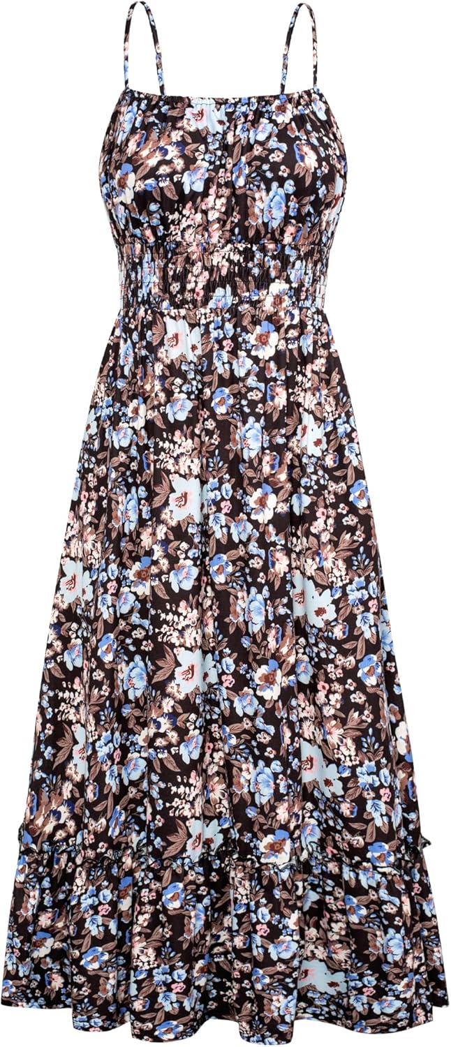 GRACE KARIN Summer Dresses for Women 2026 Vacation,Smocked Floral Maxi Dress,Boho Beach Sundress with Pocket Fashion Clothing