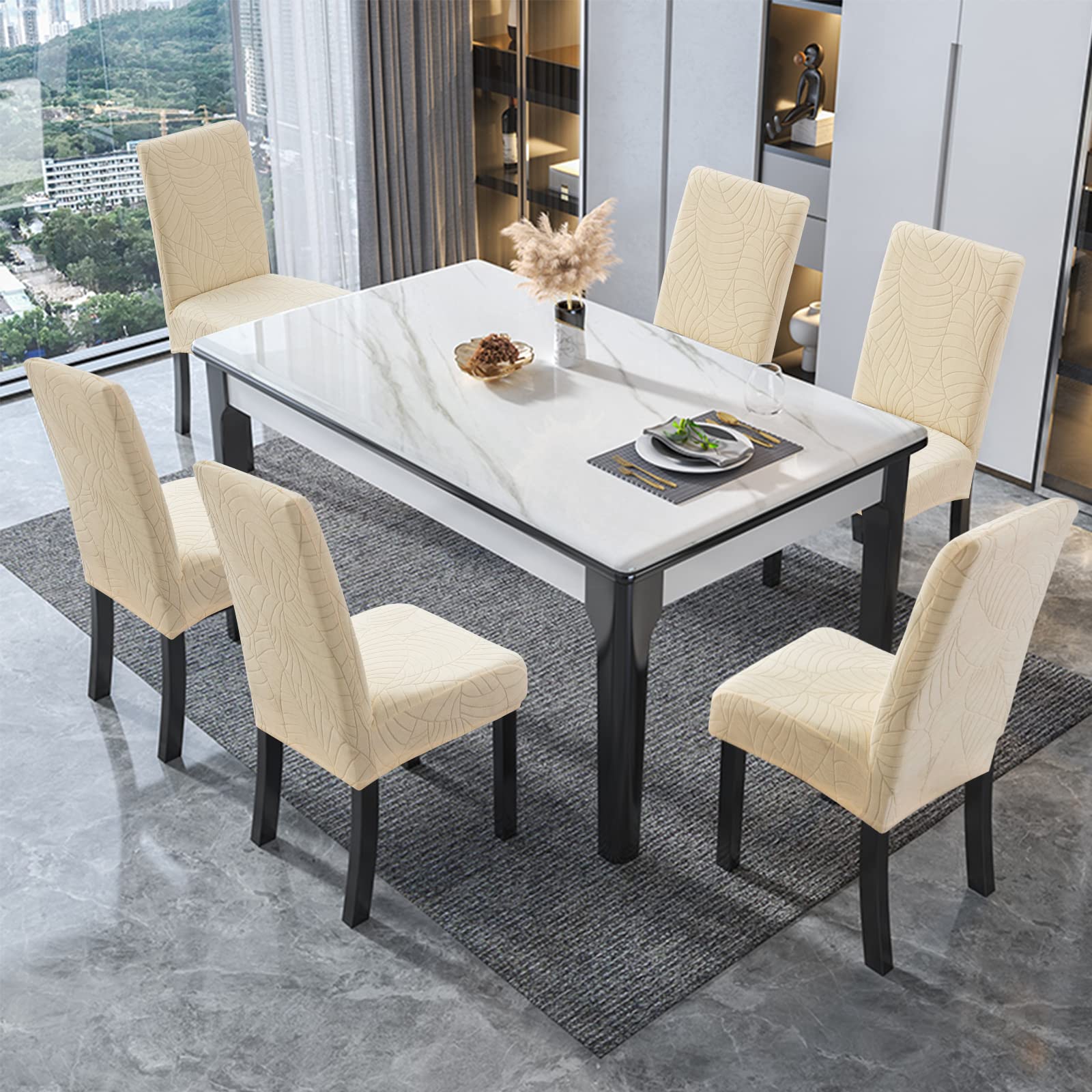 Genina Waterproof Chair Covers for Dining Room 6 Pack, Stretch Jacquard Dining Chair Cover Removable Washable Chair Protectors Cover for Kitchen, Home (Leaves-Warm Gray, 6 PCS)