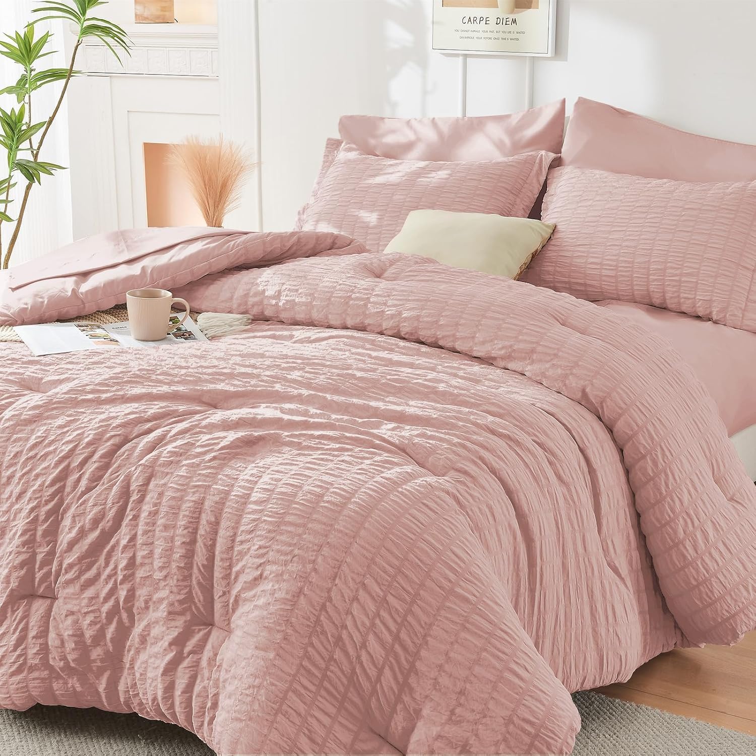 HYMOKEGE 7 Piece King Size Comforter Set Seersucker, All Season Luxury Bed in a Bag for Bedroom, Bedding Set with Comforters, Sheets, Pillowcases & Shams, Dark Grey