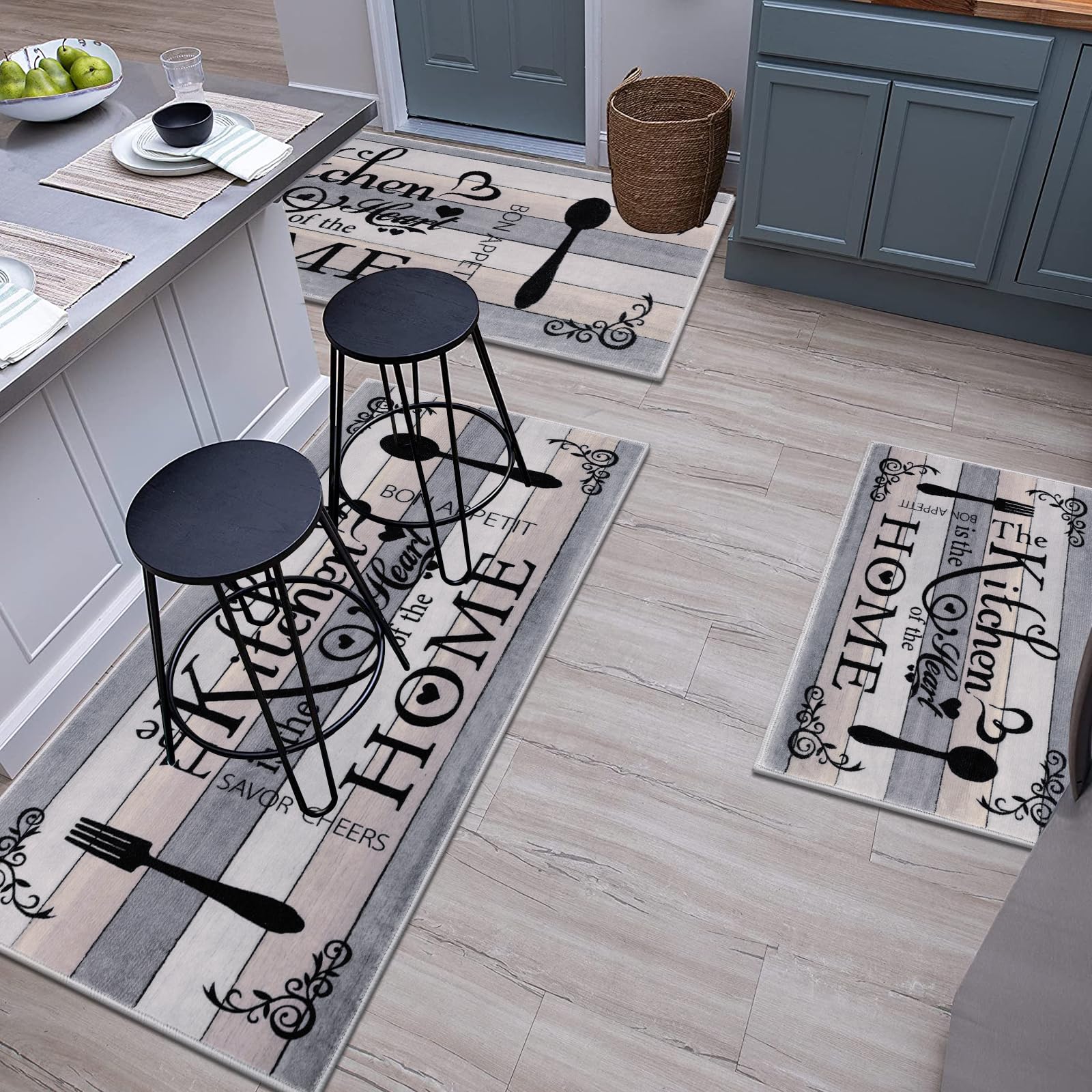 Vaukki Boho Kitchen Rug Sets 3 Pieces, Washable Kitchen Mats for Floor, Non Slip Soft Kitchen Area Rug Floor Mat for Kitchen, Laundry Room and Hallway (Grey and Beige, 20''x32''+20''x47''+20''x59'')