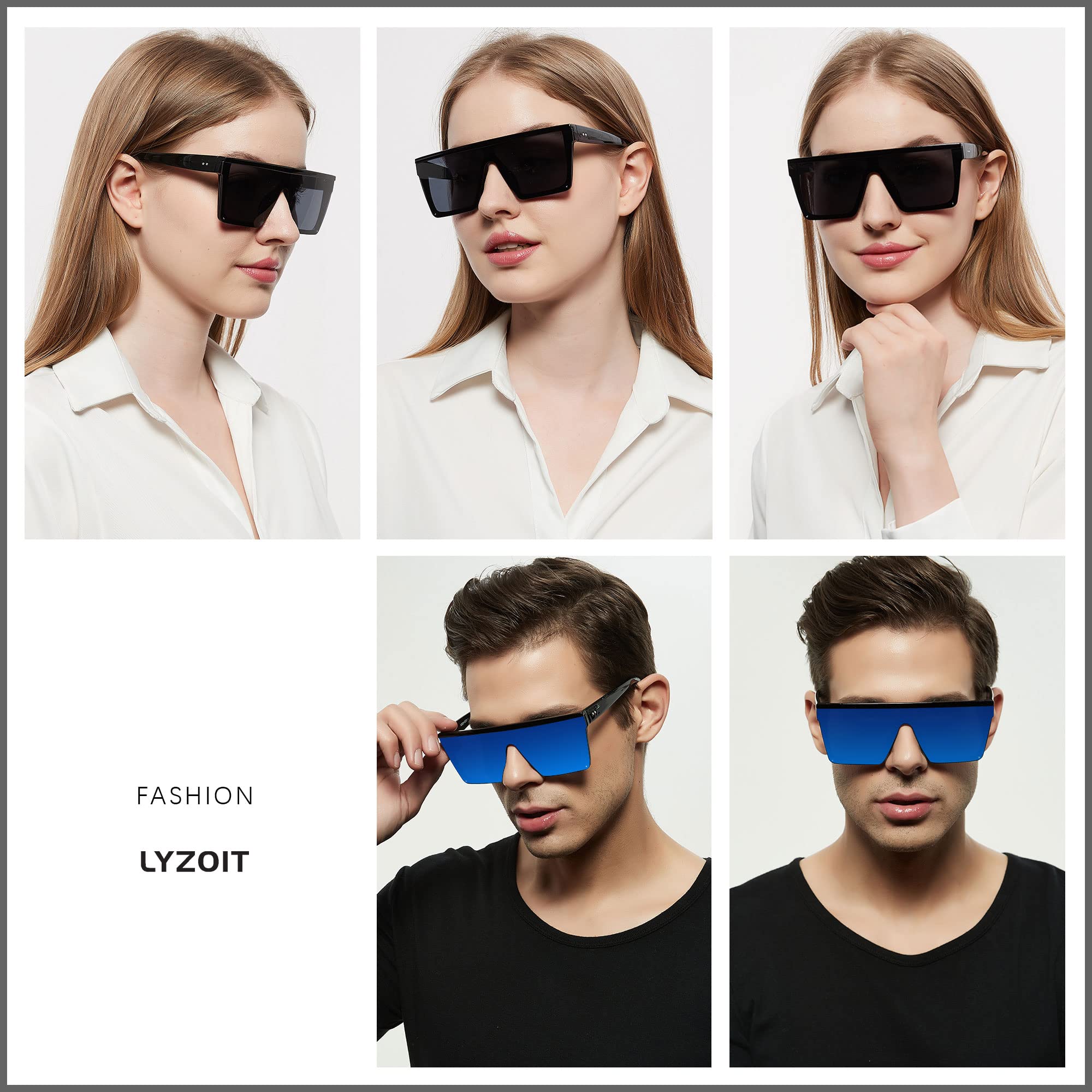 LYZOIT Square Oversized Sunglasses for Women Men Big Flat Top Fashion Shield Large UV Protection Rimless Shades