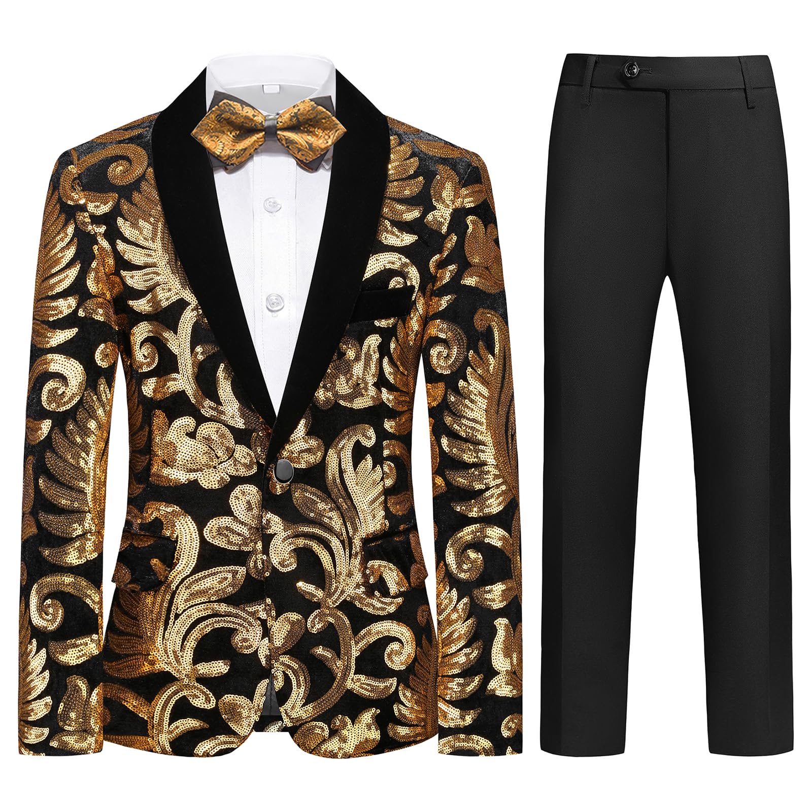 Lamgool Boys Tuxedo Suit Slim Fit Formal Set 2 Pieces with Floral Jacquard Sequin Blazer Black Pants for Kids Prom Wedding
