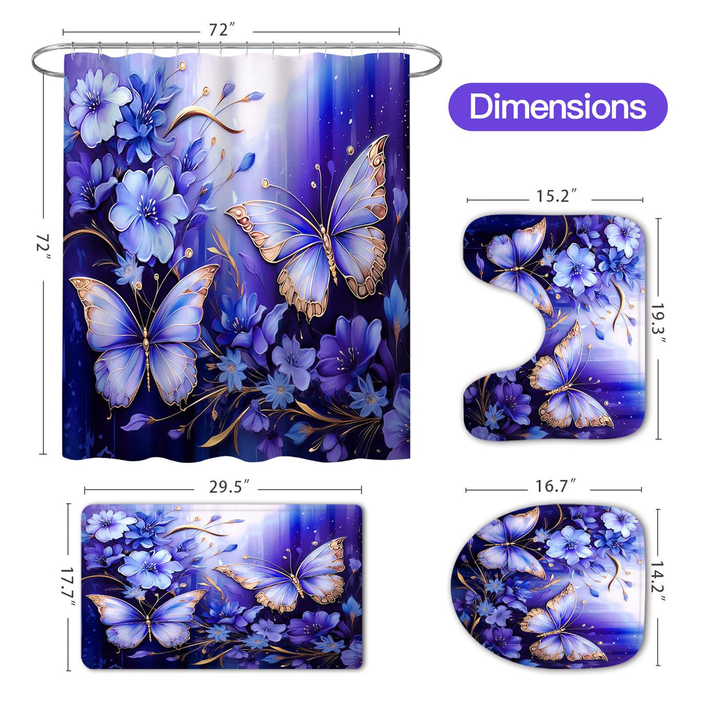 Litabel 4 Pcs Black Floral Butterfly Shower Curtain Set with Non-Slip Rugs, White Gold Modern Toilet Lid Cover and Bath Mat, Elegant Bathroom Decor Set (Hooks Not Included)