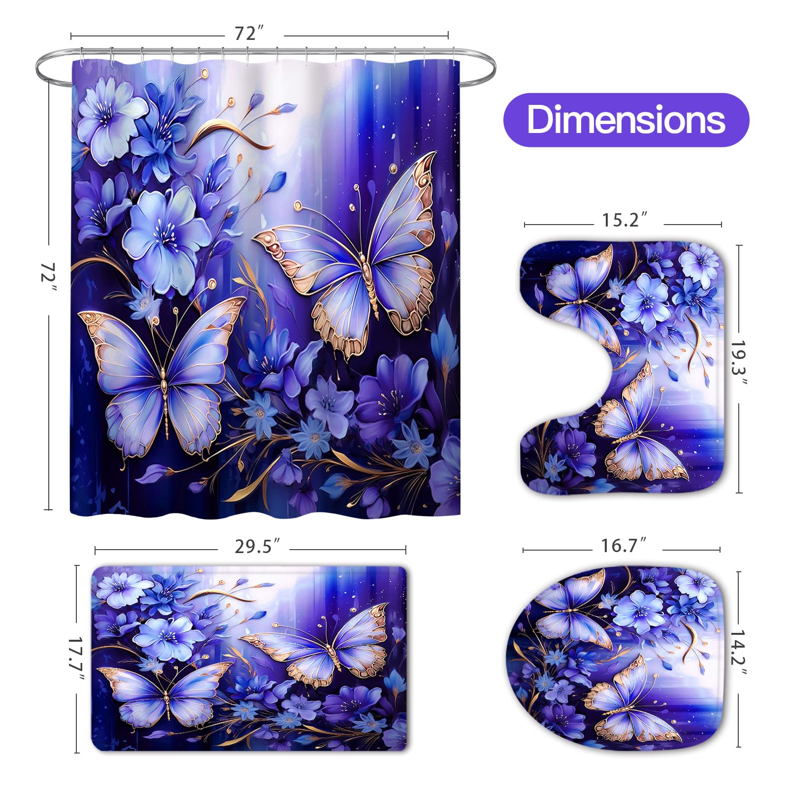 Litabel 4 Pcs Black Floral Butterfly Shower Curtain Set with Non-Slip Rugs, White Gold Modern Toilet Lid Cover and Bath Mat, Elegant Bathroom Decor Set (Hooks Not Included)