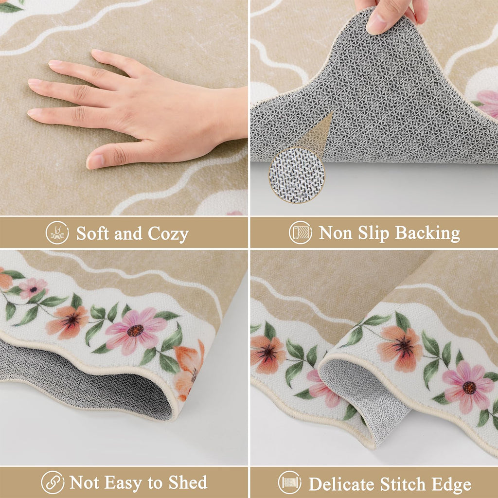 Vaukki Boho Kitchen Rug Sets 3 Pieces, Washable Kitchen Mats for Floor, Non Slip Soft Kitchen Area Rug Floor Mat for Kitchen, Laundry Room and Hallway (Grey and Beige, 20''x32''+20''x47''+20''x59'')