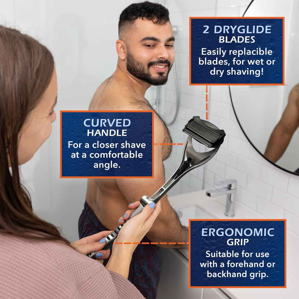 baKblade 2.0 PLUS - Back Shaver for Men (DIY), Ergonomic Handle, Shave Wet or Dry (Extra Blades Included)