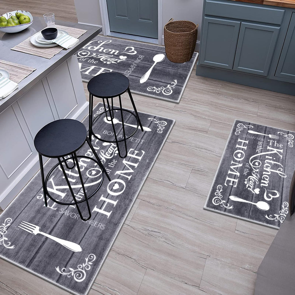 Vaukki Boho Kitchen Rug Sets 3 Pieces, Washable Kitchen Mats for Floor, Non Slip Soft Kitchen Area Rug Floor Mat for Kitchen, Laundry Room and Hallway (Grey and Beige, 20''x32''+20''x47''+20''x59'')