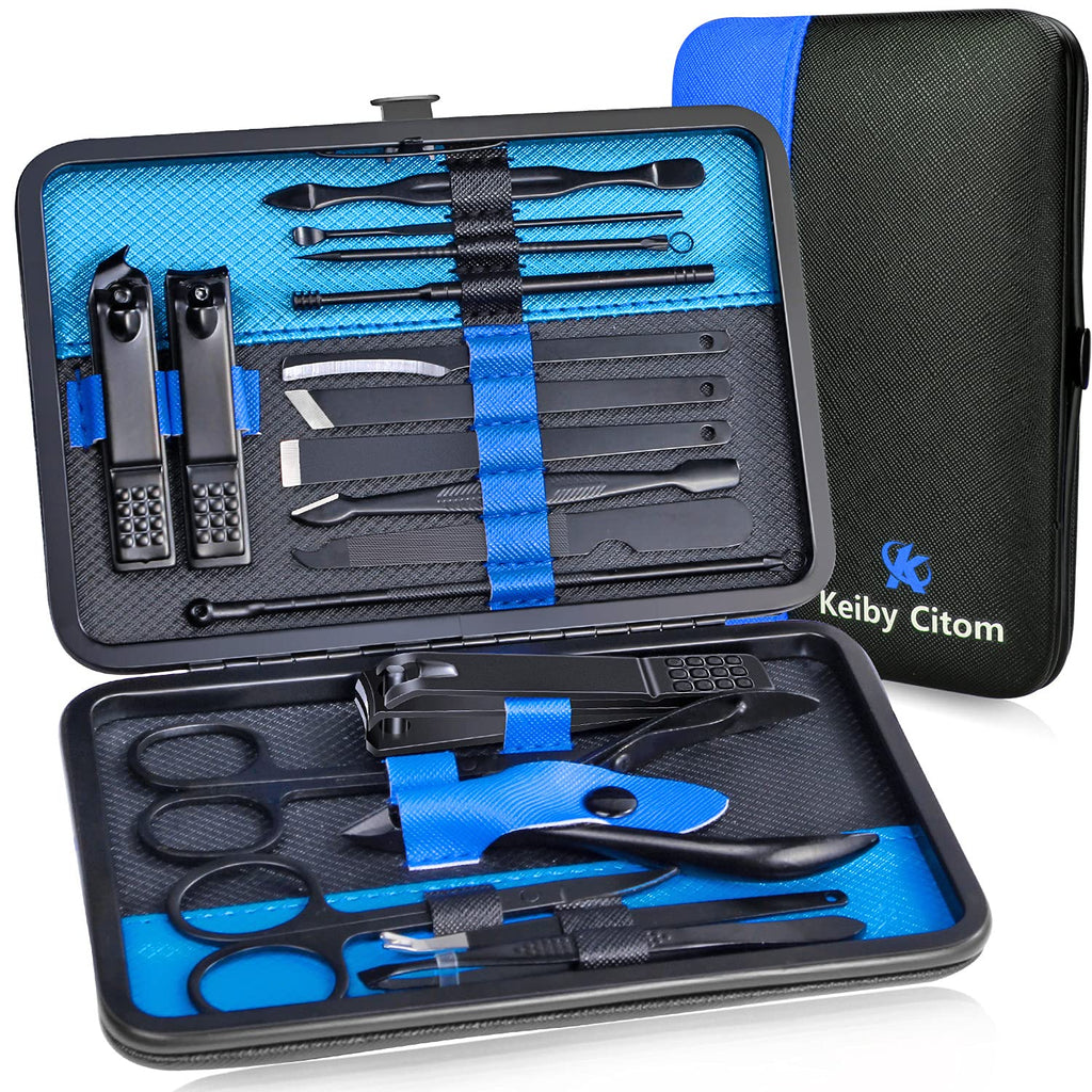 Professional Stainless Steel Nail Clipper Travel & Grooming Kit Nail Tools Manicure & Pedicure Set of 15pcs with Luxurious Case (Black/Yellow)
