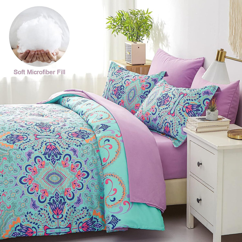 DHSFKBE 7 Piece Bed in a Bag Floral Comforter Set, Botanical Flowers Comforter and Sheet Set, Soft Microfiber Lightweight Bedding Comforter Set for All Season(Dark Floral, King)