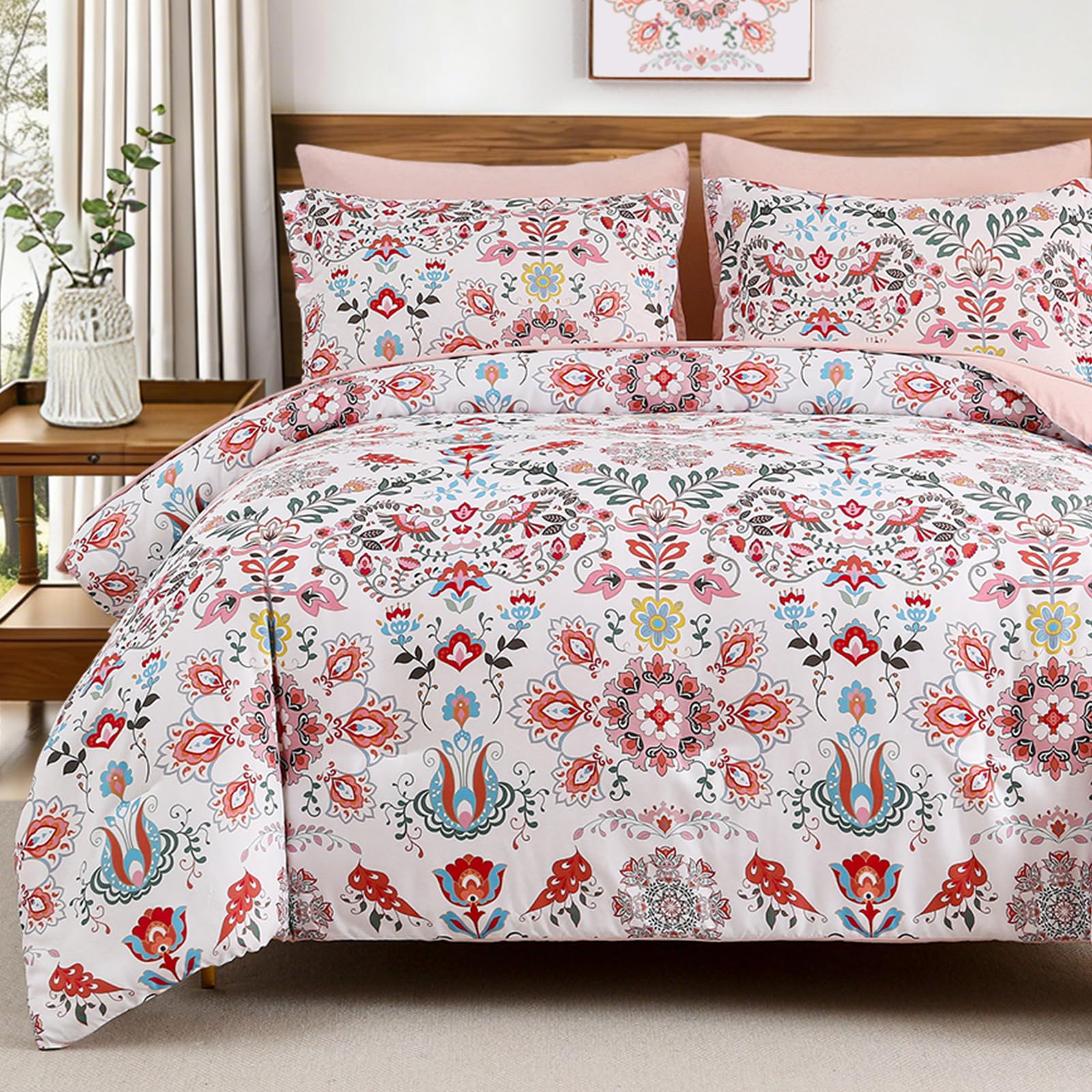 DHSFKBE 7 Piece Bed in a Bag Floral Comforter Set, Botanical Flowers Comforter and Sheet Set, Soft Microfiber Lightweight Bedding Comforter Set for All Season(Dark Floral, King)