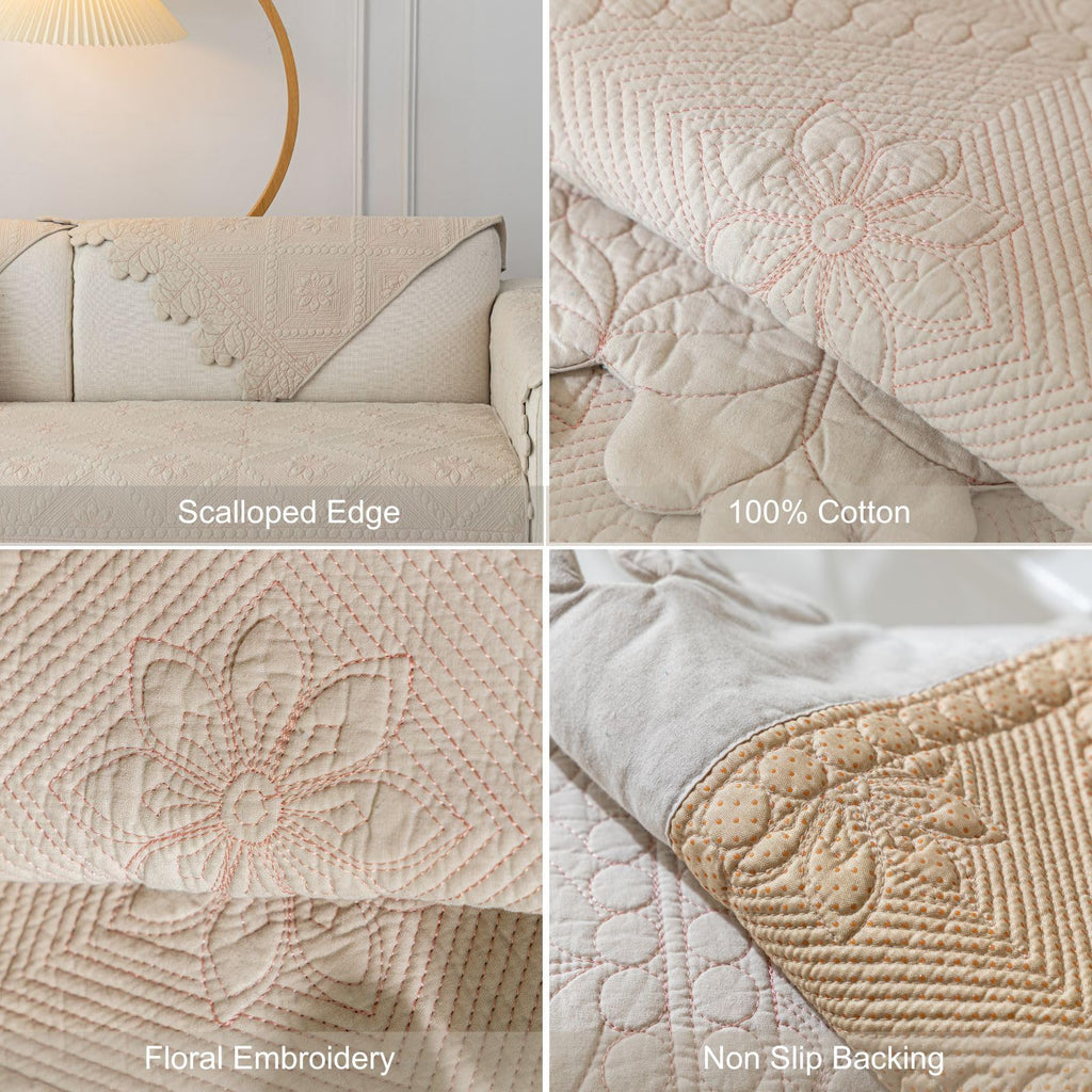 Cotton Quilted Dog Couch Cover for Sofa Farmhouse Rustic Embroidery Sectional Couch Cover Soft Anti-Slip Sofa Slipcover Furniture Protector for Kids, Pets (Khaki,36"x36")