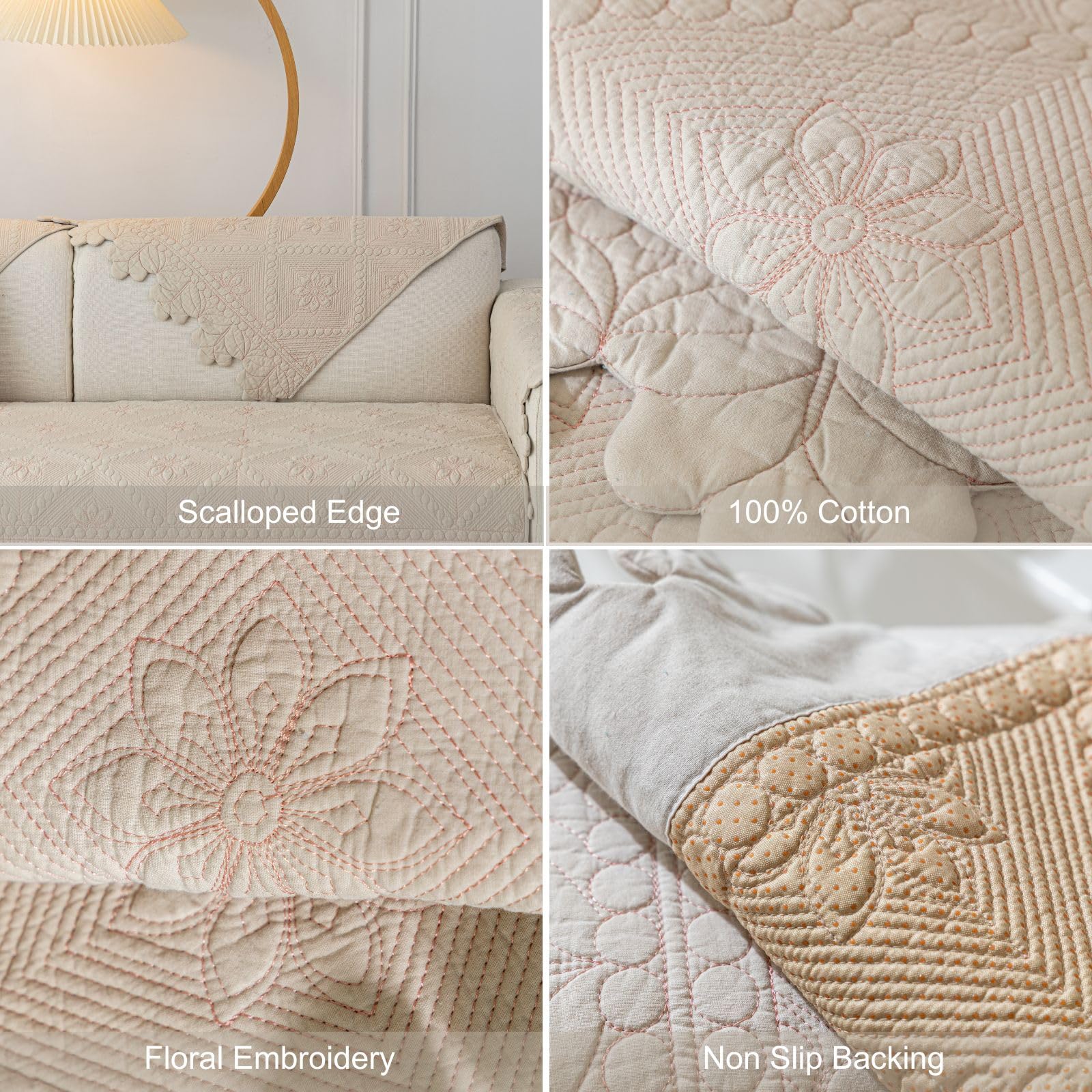 Cotton Quilted Dog Couch Cover for Sofa Farmhouse Rustic Embroidery Sectional Couch Cover Soft Anti-Slip Sofa Slipcover Furniture Protector for Kids, Pets (Khaki,36"x36")