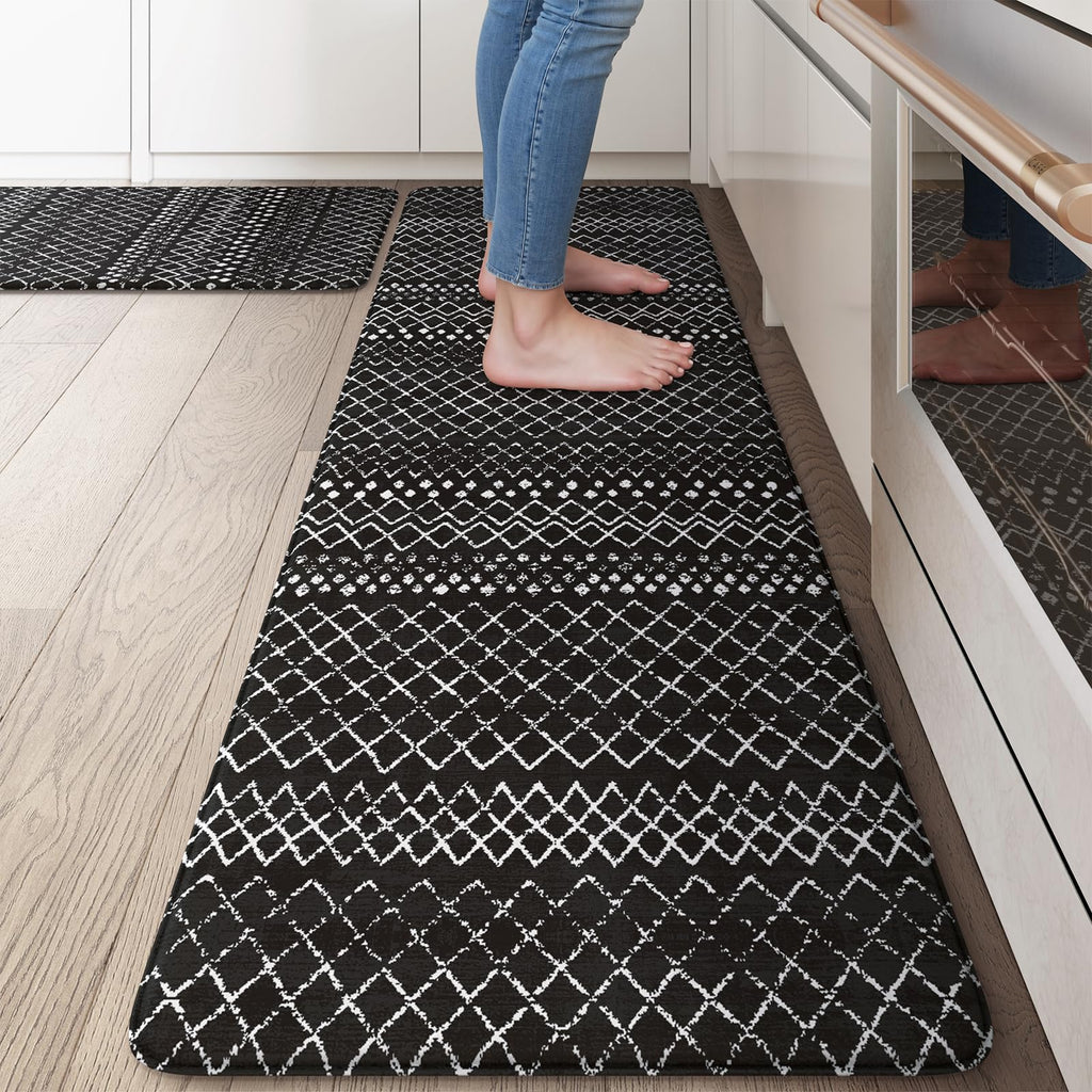 KIMODE Kitchen Mats 2PCS,Cushioned Anti Fatigue Kitchen Rugs and Mats,Non Skid Waterproof Kitchen Mats for Floor,Comfort Foam Standing Mat for Home Decor, Office,Sink,Laundry Room,Desk,Black and White