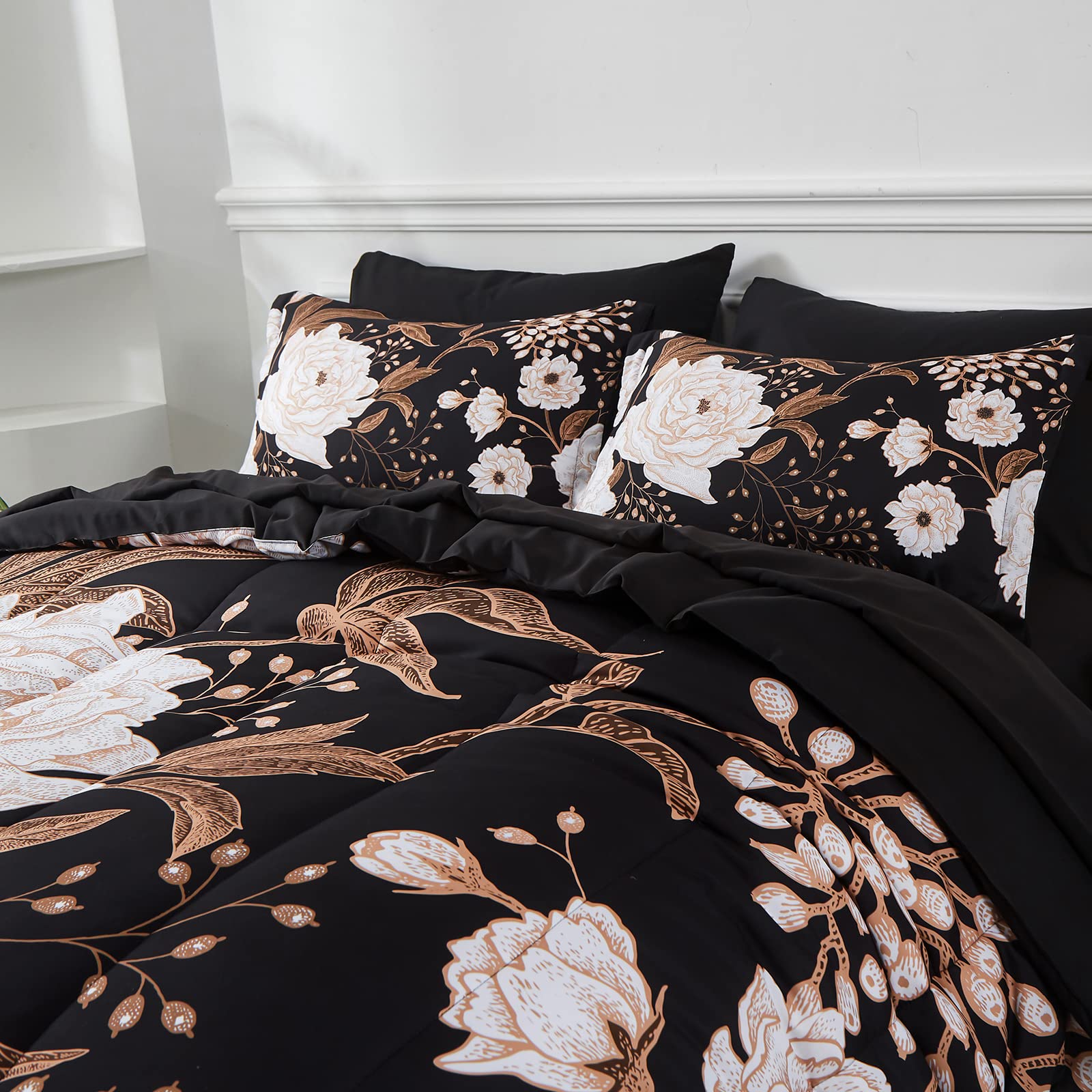 Yogeneg 7 Piece Bed in a Bag King Size Comforter Set Black Bedding Set,Gold Butterfly Leaves Printed on Black Reversible Design,Soft Microfiber Comforter with Sheet Set,All Season(Butterfly,King)