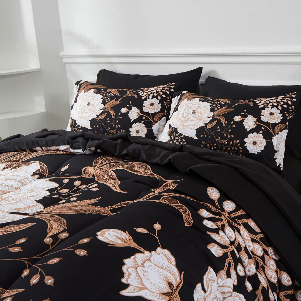 Yogeneg 7 Piece Bed in a Bag King Size Comforter Set Black Bedding Set,Gold Butterfly Leaves Printed on Black Reversible Design,Soft Microfiber Comforter with Sheet Set,All Season(Butterfly,King)