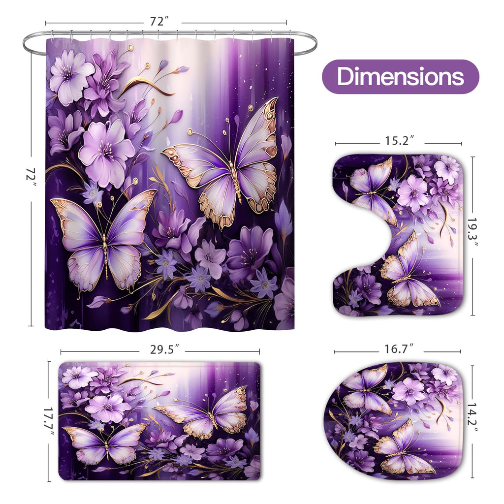 Litabel 4 Pcs Black Floral Butterfly Shower Curtain Set with Non-Slip Rugs, White Gold Modern Toilet Lid Cover and Bath Mat, Elegant Bathroom Decor Set (Hooks Not Included)