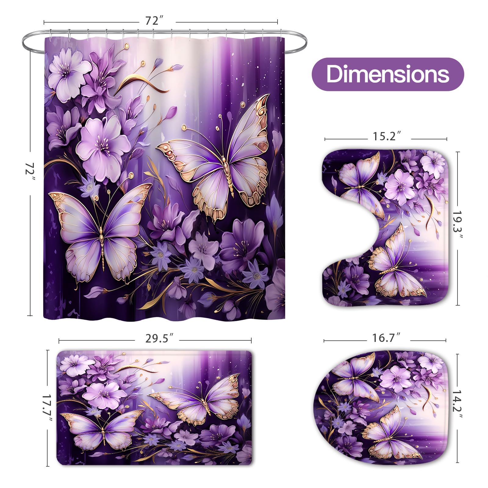 Litabel 4 Pcs Black Floral Butterfly Shower Curtain Set with Non-Slip Rugs, White Gold Modern Toilet Lid Cover and Bath Mat, Elegant Bathroom Decor Set (Hooks Not Included)