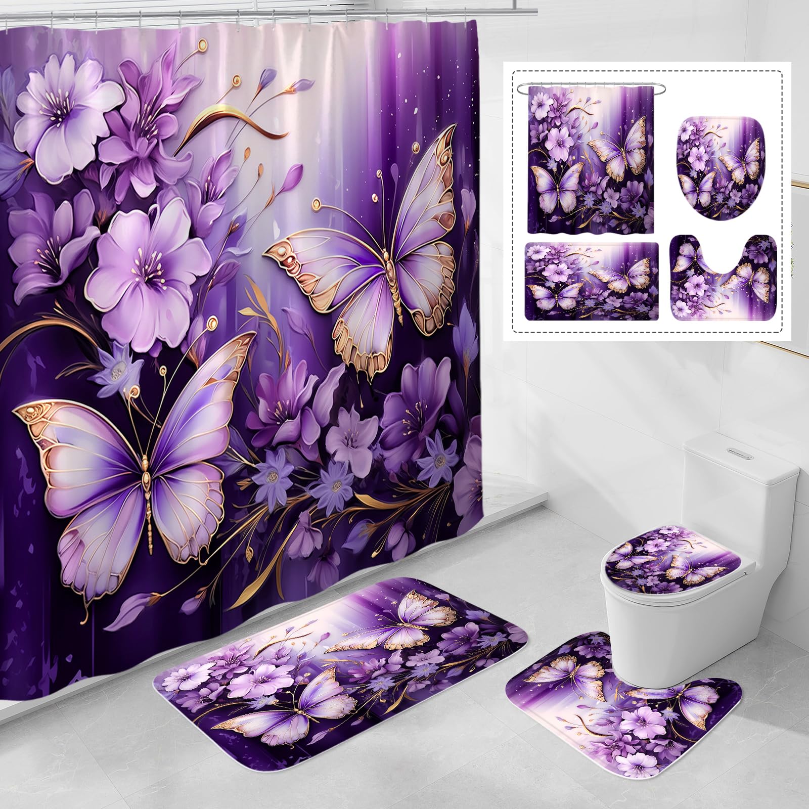 Litabel 4 Pcs Black Floral Butterfly Shower Curtain Set with Non-Slip Rugs, White Gold Modern Toilet Lid Cover and Bath Mat, Elegant Bathroom Decor Set (Hooks Not Included)