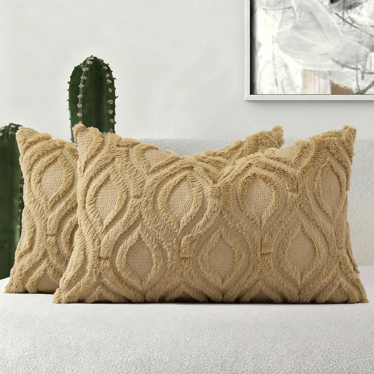 decorUhome Throw Pillow Covers 18x18 Inch Set of 2, Soft Plush Faux Wool Cream White Solid Couch Pillow Covers, Accent Farmhouse Neutral Square Pillow Cases for Sofa Bed Living Room