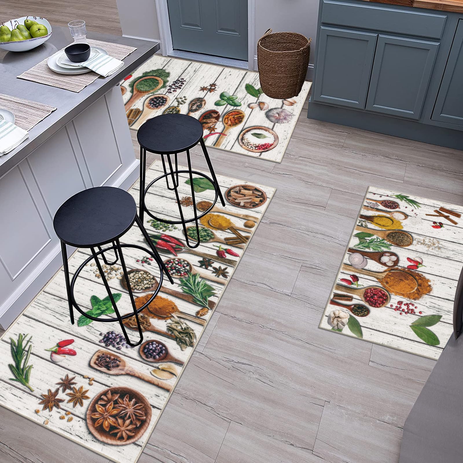 Vaukki Boho Kitchen Rug Sets 3 Pieces, Washable Kitchen Mats for Floor, Non Slip Soft Kitchen Area Rug Floor Mat for Kitchen, Laundry Room and Hallway (Grey and Beige, 20''x32''+20''x47''+20''x59'')