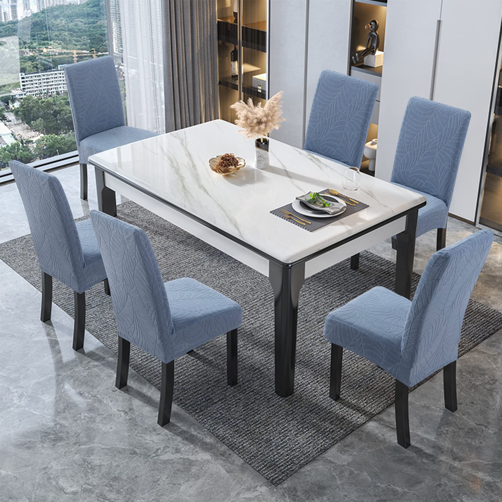 Genina Waterproof Chair Covers for Dining Room 6 Pack, Stretch Jacquard Dining Chair Cover Removable Washable Chair Protectors Cover for Kitchen, Home (Leaves-Warm Gray, 6 PCS)