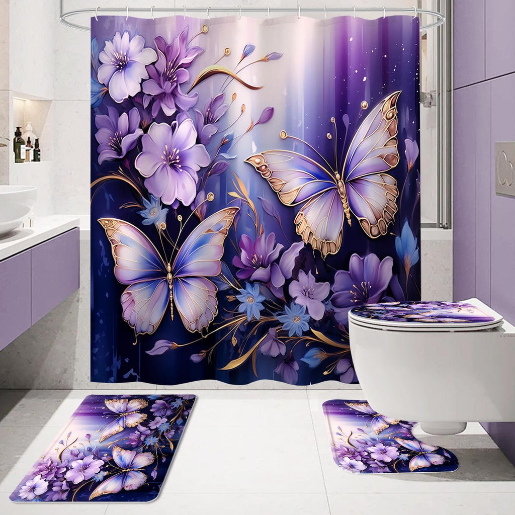 Litabel 4 Pcs Black Floral Butterfly Shower Curtain Set with Non-Slip Rugs, White Gold Modern Toilet Lid Cover and Bath Mat, Elegant Bathroom Decor Set (Hooks Not Included)