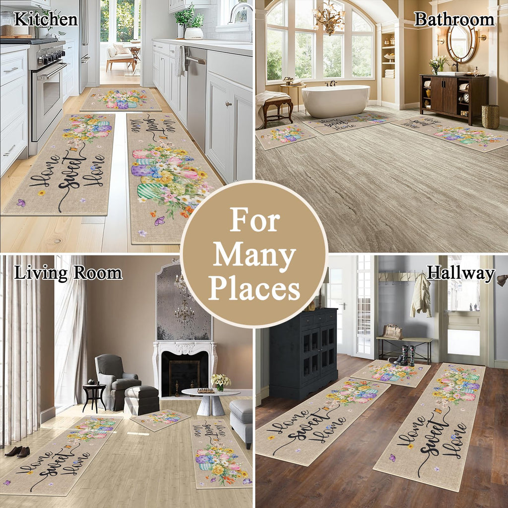 Vaukki Boho Kitchen Rug Sets 3 Pieces, Washable Kitchen Mats for Floor, Non Slip Soft Kitchen Area Rug Floor Mat for Kitchen, Laundry Room and Hallway (Grey and Beige, 20''x32''+20''x47''+20''x59'')