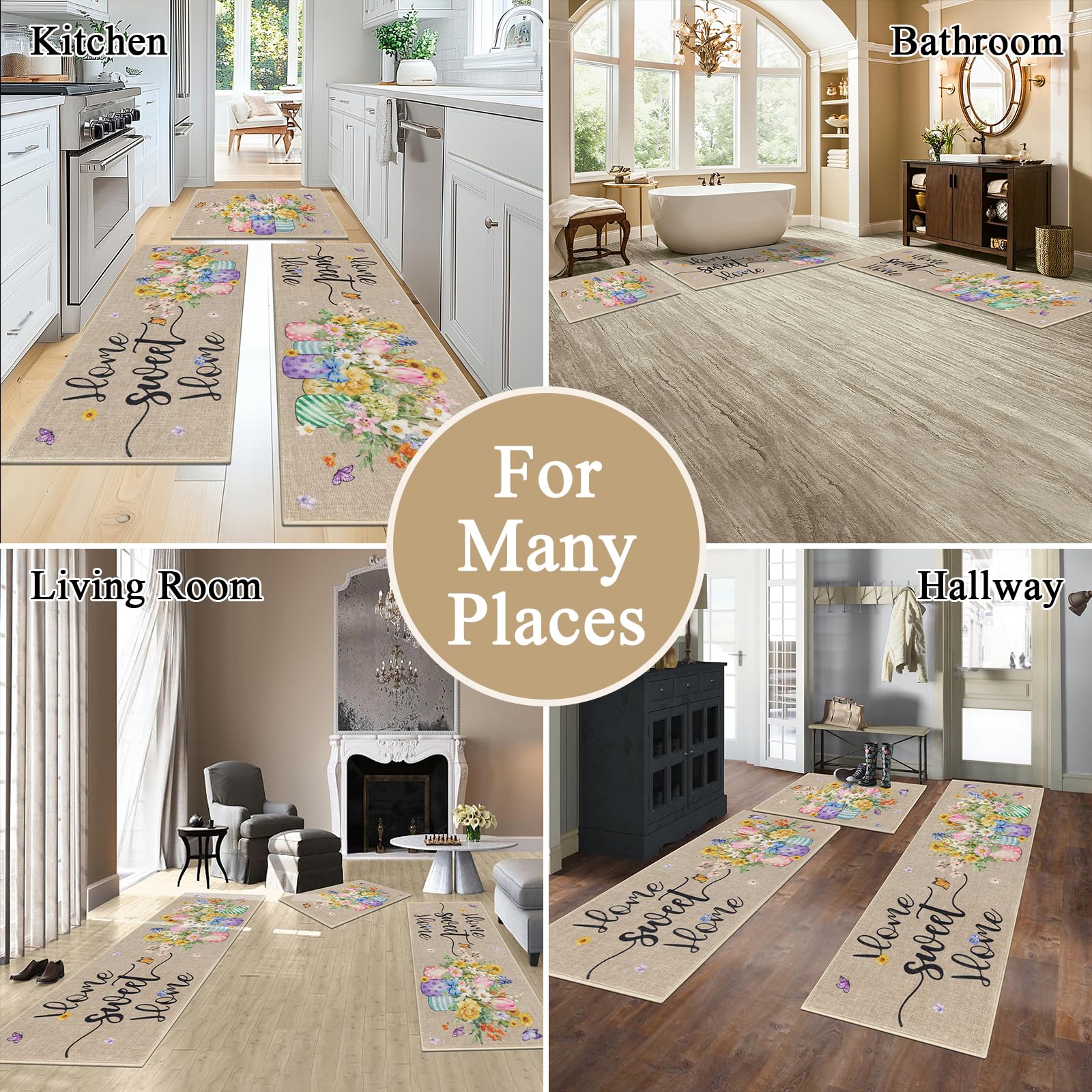 Vaukki Boho Kitchen Rug Sets 3 Pieces, Washable Kitchen Mats for Floor, Non Slip Soft Kitchen Area Rug Floor Mat for Kitchen, Laundry Room and Hallway (Grey and Beige, 20''x32''+20''x47''+20''x59'')