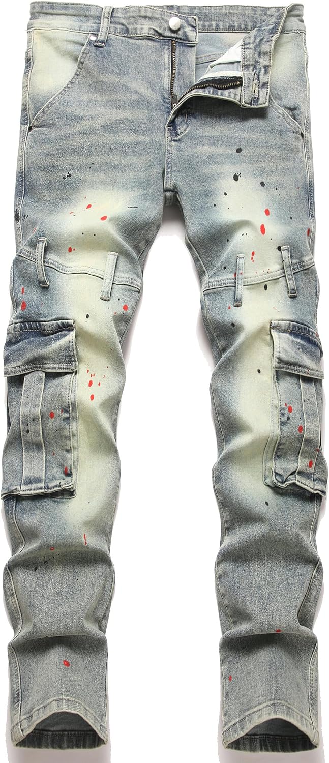 XIMXIMMTIAN Men's Biker Moto Washed Distressed Slim Fit Straight Jeans Denim