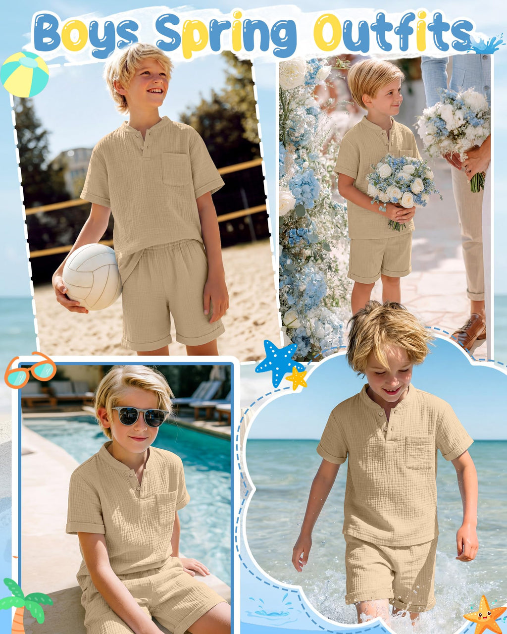 Boys 2 Piece Cotton Outfits 5-14Y Short Sleeve Button Down Shirt Shorts Pockets Summer Clothes Henley Casual Set