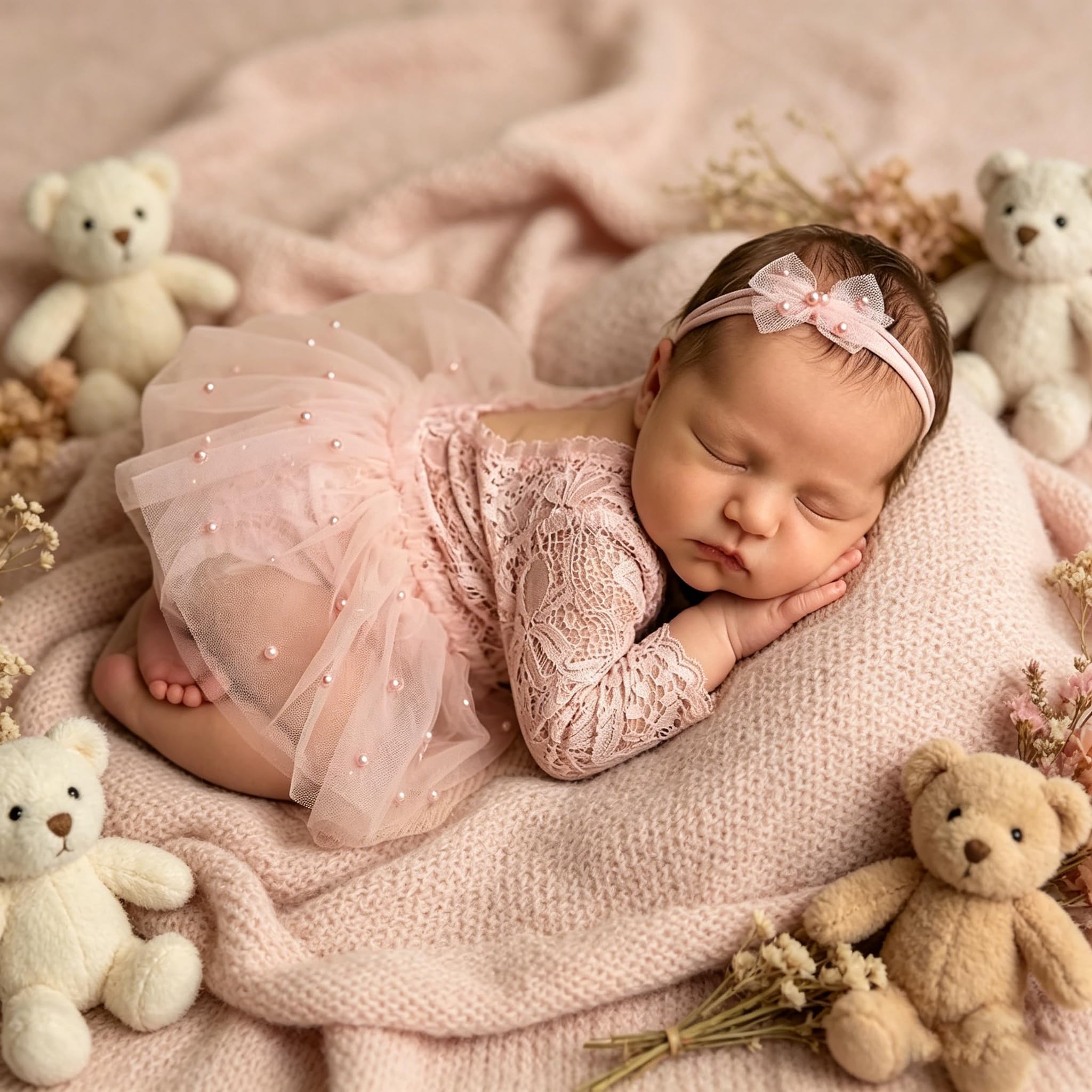 Newborn Lace Romper, 2 PCS Baby Girl Photography Props, Newborn Girl Photography Outfits with Flower Headband for Infants