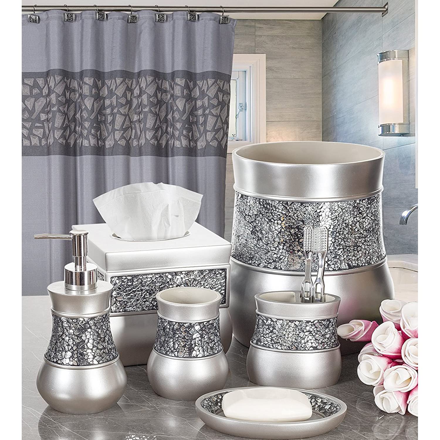 Creative Scents Crackled Glass Silver Bathroom Accessory Set – 4-Piece Vanity Set Includes: Lotion Soap Dispenser, Toothbrush Holder, Tumbler, and Soap Dish