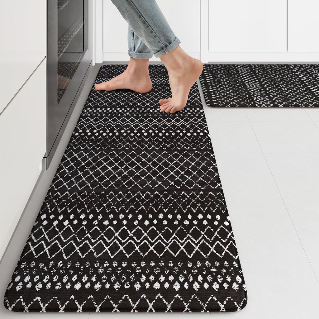 KIMODE Kitchen Mats 2PCS,Cushioned Anti Fatigue Kitchen Rugs and Mats,Non Skid Waterproof Kitchen Mats for Floor,Comfort Foam Standing Mat for Home Decor, Office,Sink,Laundry Room,Desk,Black and White